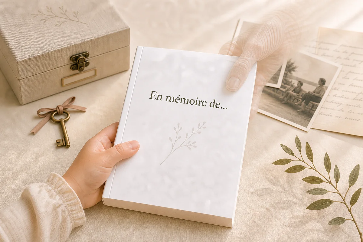 Main âgée translucide symbolisant une présence de mémoire transmettant un livre En mémoire de à une main d’enfant, avec l’angle du livre visible par transparence
