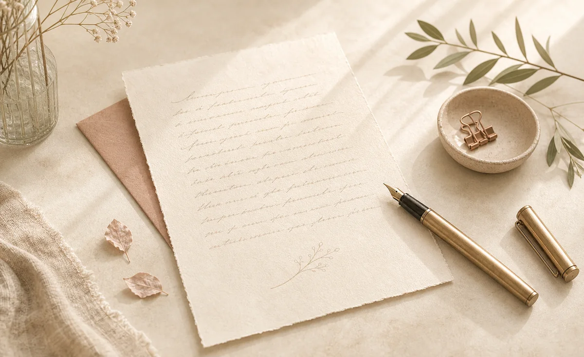Page manuscrite et stylo avec capuchon pour préparer un hommage personnalisé