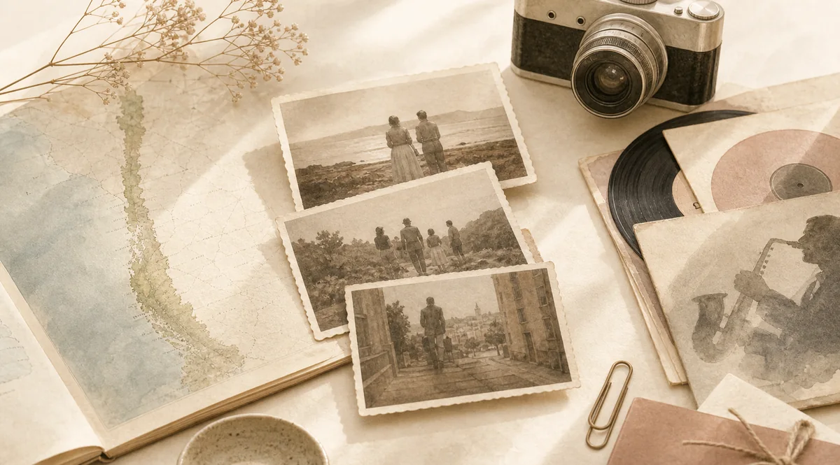 Photographies, carte de voyage, appareil photo et objets personnels pour composer un portrait de vie