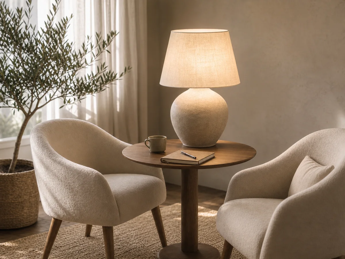Deux fauteuils autour d’un guéridon éclairé par une grande lampe pour une conversation calme